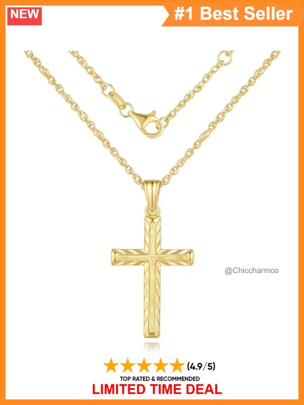 14k Gold Plated Cross Necklace Textured Pendant Minimalist Women